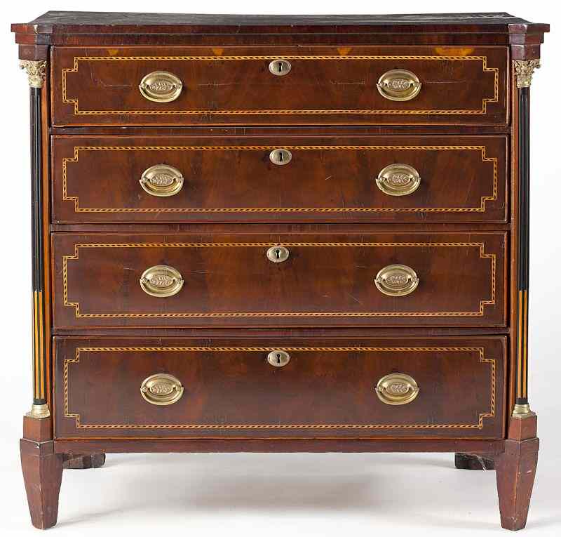 Appraisal: Continental Inlaid Chest of Drawersdiminutive form late th century mahogany