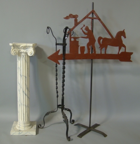 Appraisal: RED TOLE WEATHERVANE ALONG WITH PLANT STAND AND FAUX-MARBLE COLUMN