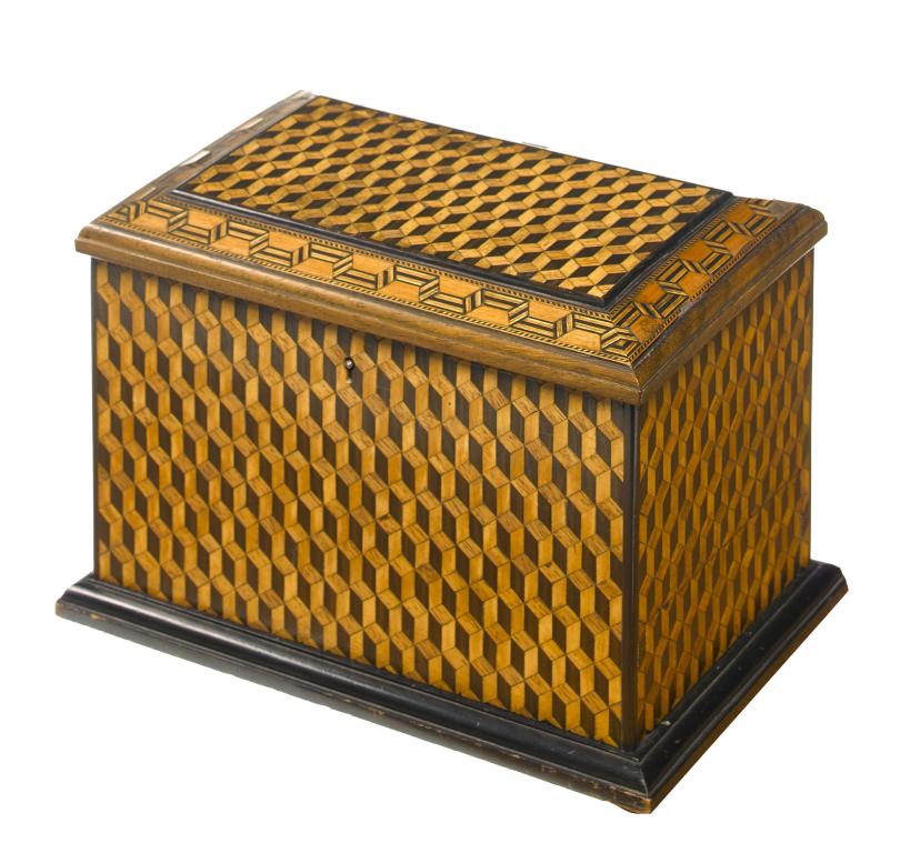 Appraisal: A VICTORIAN MAHOGANY AND CUBE PARQUETRY JEWEL BOX BY J