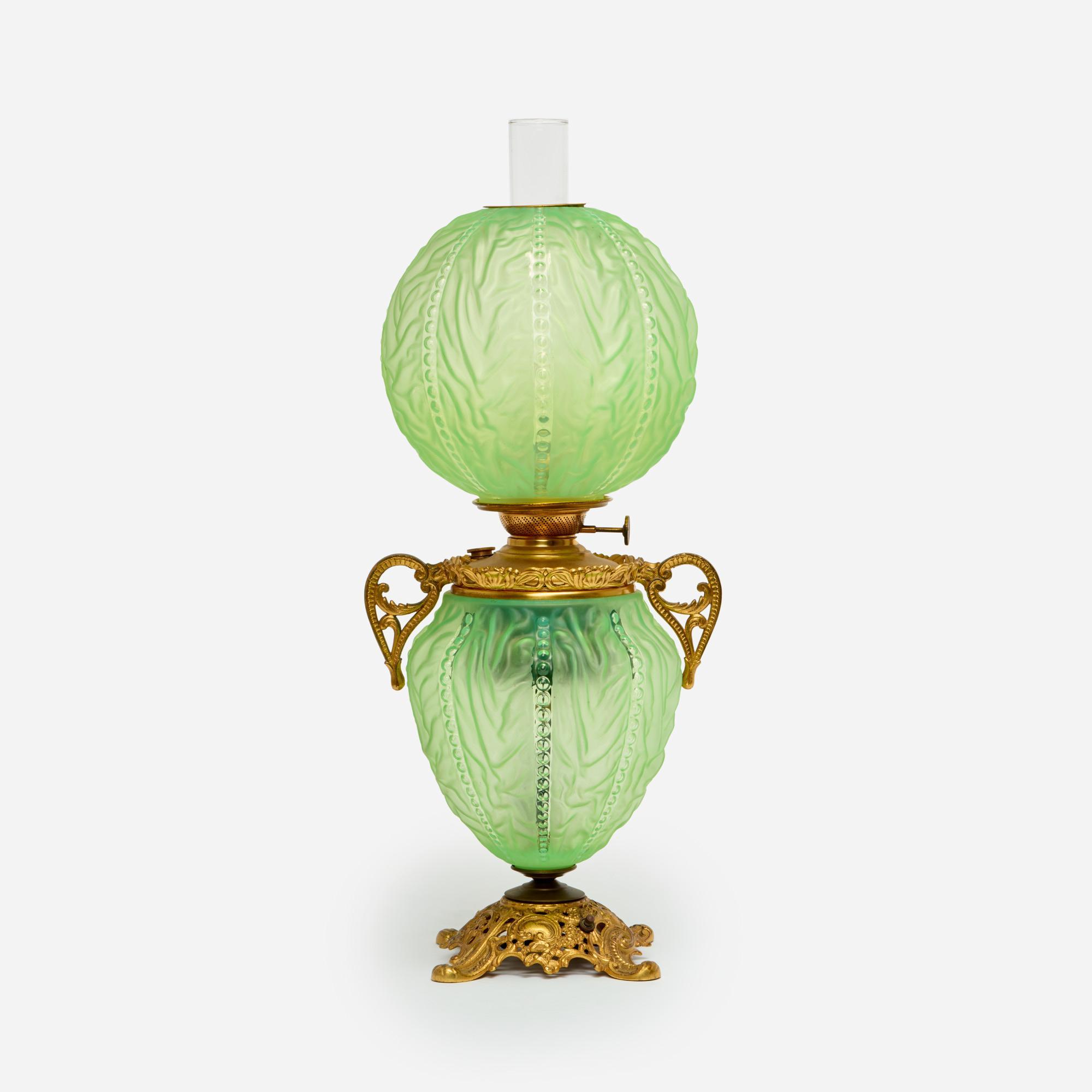 Appraisal: PITTSBURGH BEADED DRAPE SATIN GLASS LAMP ELECTRIFIED An electrified Gone