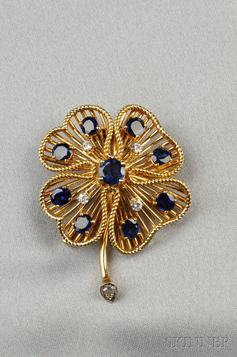 Appraisal: kt Gold Sapphire and Diamond Brooch designed as a clover