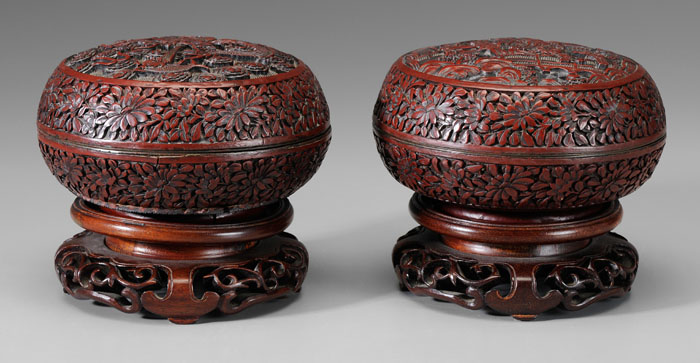 Appraisal: Two Cinnabar Lacquer Boxes Chinese brass bodies chrysanthemum borders one