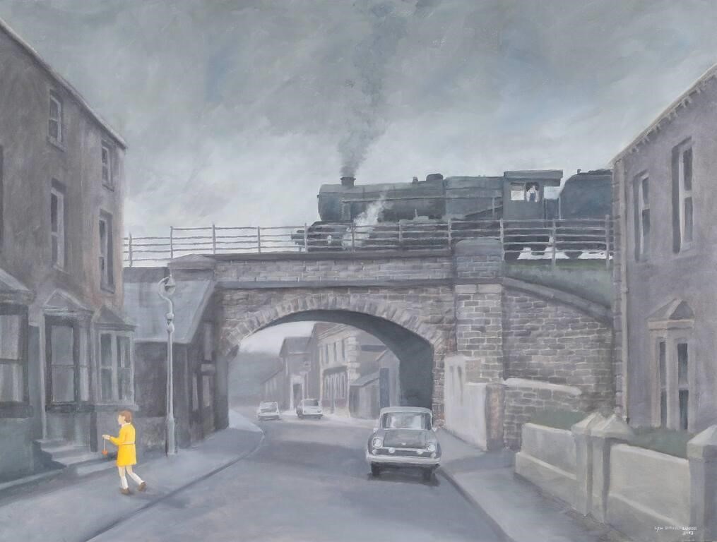 Appraisal: Oil on canvas child playing in street scene Signed Lyn