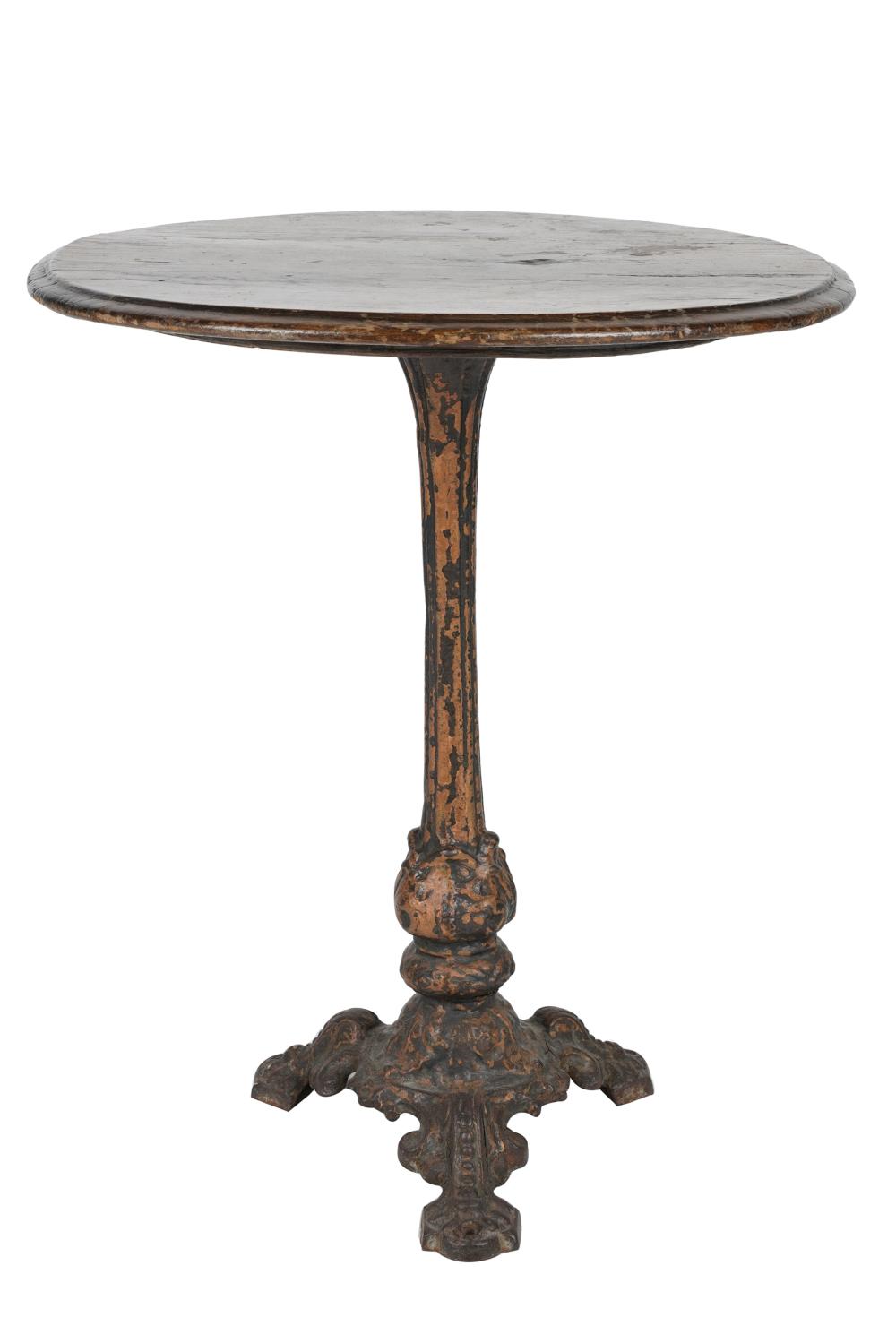 Appraisal: IRON TRIPOD BASE PUB TABLEwith a circular wood top inches