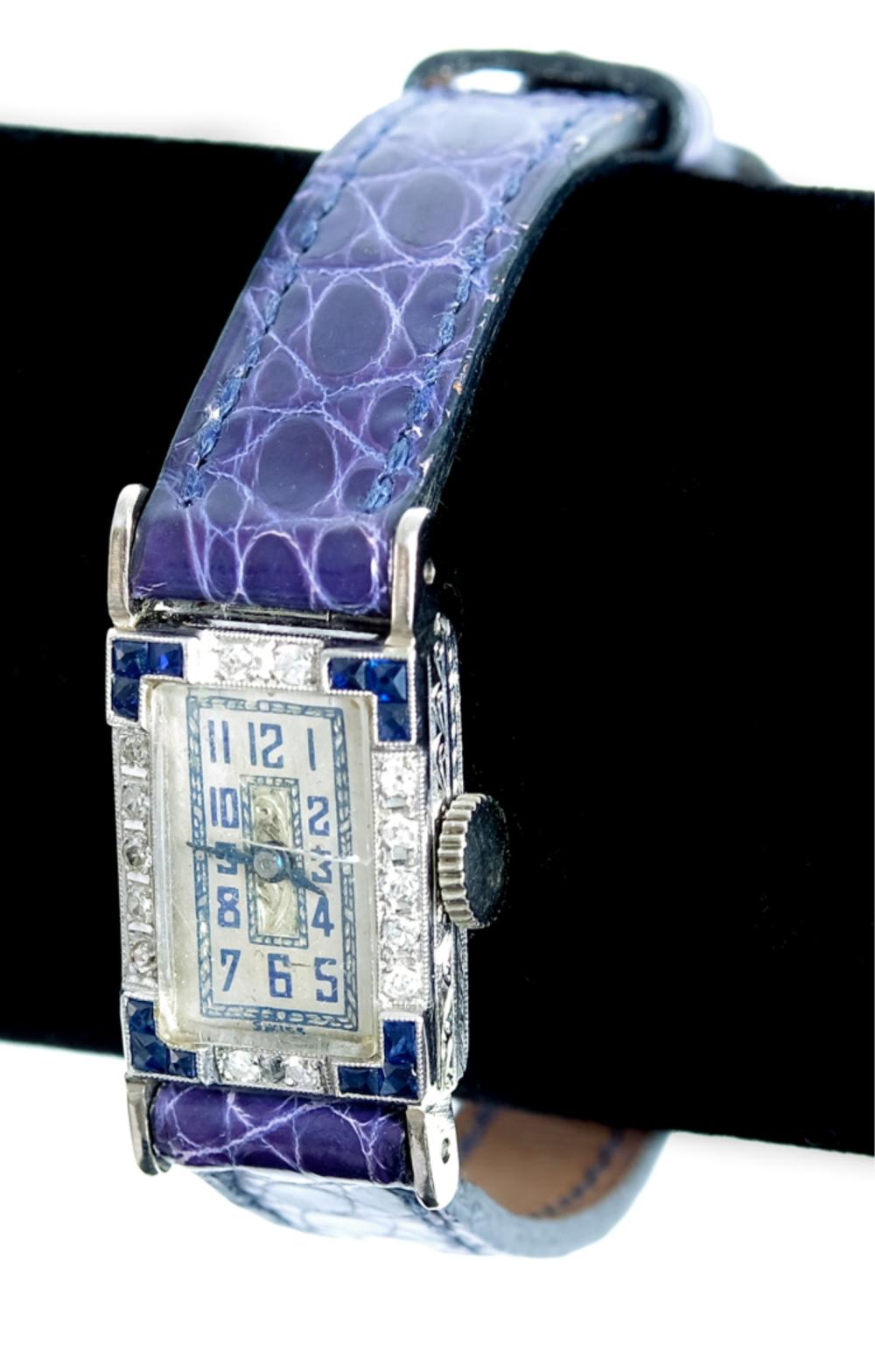 Appraisal: ART DECO SAPPHIRE DIAMOND WATCHArt Deco watch having bright cut