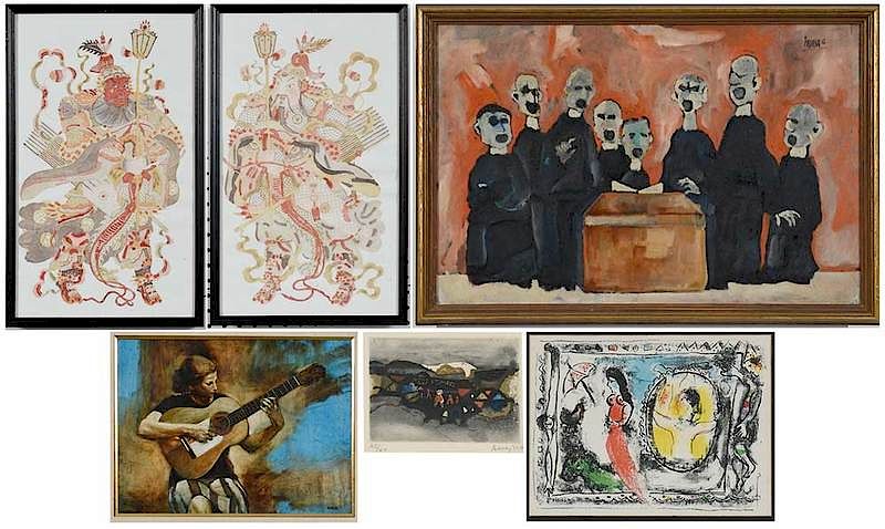 Appraisal: Six Miscellaneous Framed Artworks two paintings three mixed media works