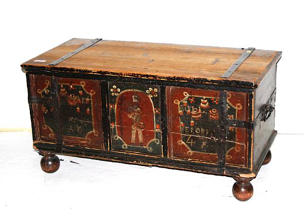 Appraisal: A Continental pine polychrome painted blanket chest dated height in