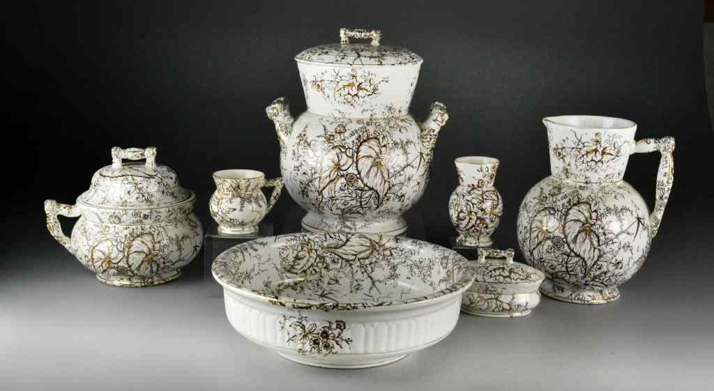 Appraisal: Pc Brown Transferware Victorian Bath SetConsisting of large pitcher covered