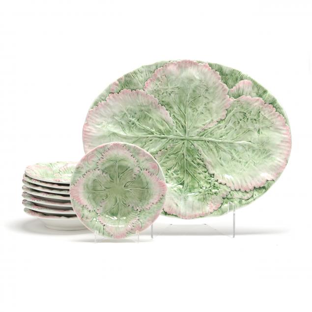 Appraisal: MAJOLICA CABBAGE LEAF PLATTER AND EIGHT PLATES Contemporary retailed by