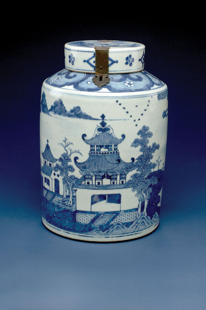 Appraisal: LARGE EARLY CANTON CYLINDRICAL COVERED TEA CANISTER WITH MOUNTS FOR