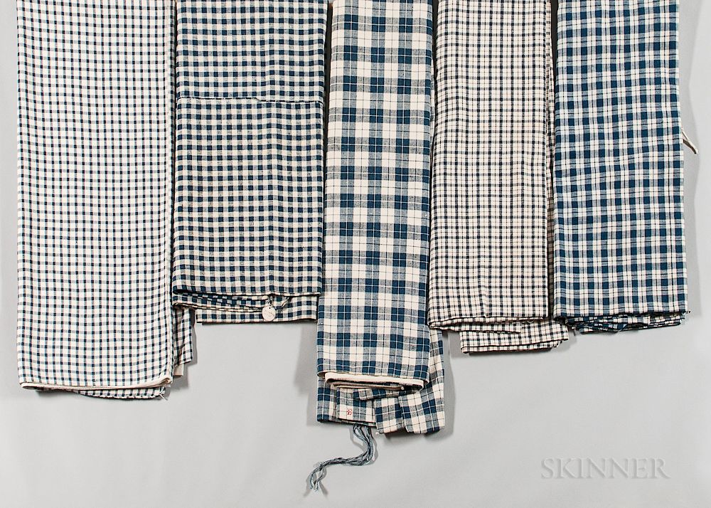 Appraisal: Five Blue-checked Linen Bed Ticking Mattress Cases Five Blue-checked Linen