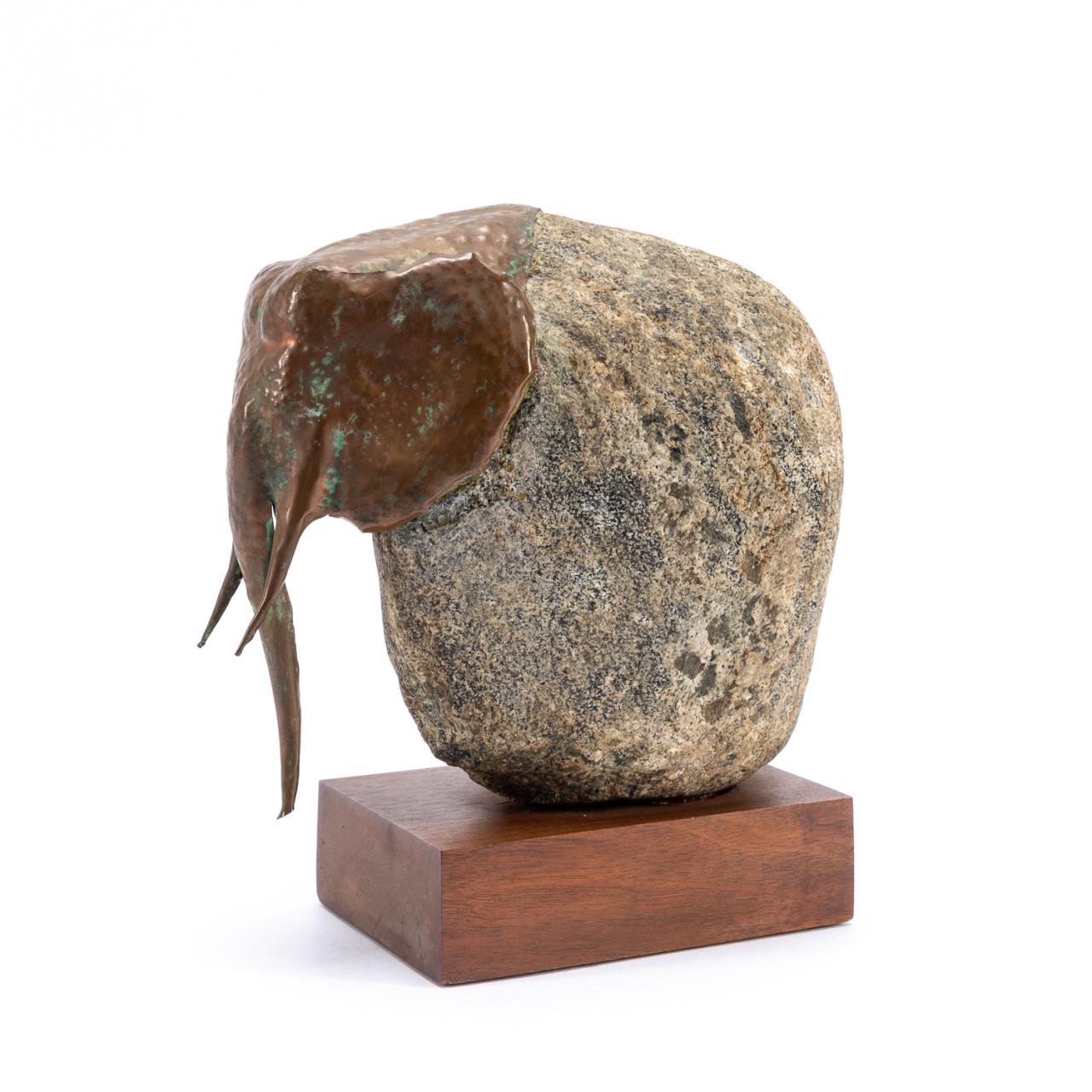 Appraisal: STONE COPPER ELEPHANT SCULPTURE ON WOOD STAND Heavy elephant sculpture