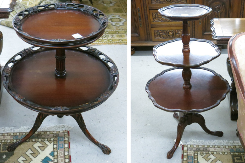 Appraisal: TWO ROUND MULTI-TIER OCCASIONAL TABLES American Chippendale style mid- th