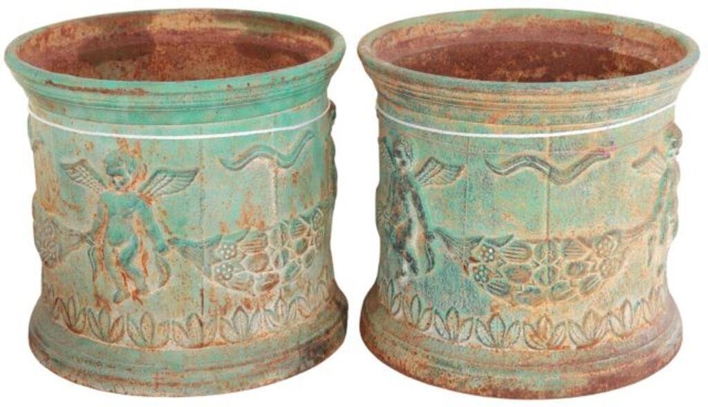 Appraisal: pair Verdigris patinated cast iron garden planters cylindrical form ornamented