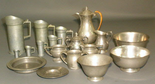 Appraisal: Large grouping of pewter- measures bowls coffee pot etc pieces