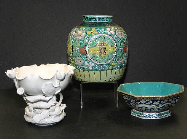 Appraisal: Three porcelain containers Including a white glazed lotus form bowl