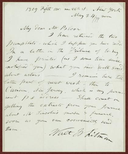 Appraisal: pieceAutograph Letter Signed Whitman Walt N Y May p to