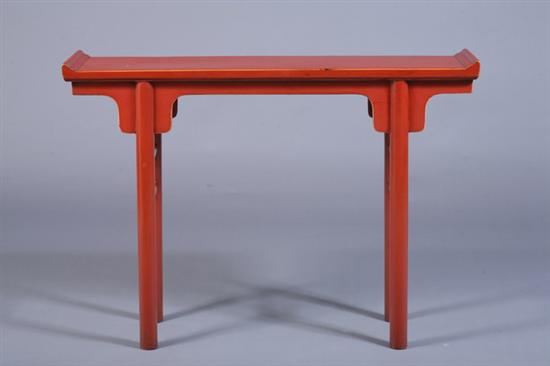 Appraisal: CHINESE RED LACQUER ELMWOOD ALTAR TABLE th century Rectangular top