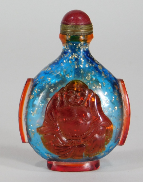 Appraisal: CHINESE PEKING GLASS BUDDHA SNUFF BOTTLE China Early th centuryRed