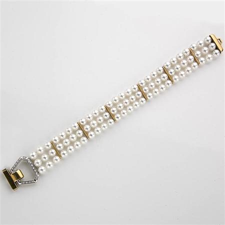 Appraisal: Triple Strand Cultured Pearl Bracelet with Gold and Diamond Clasp