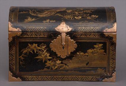 Appraisal: JAPANESE COPPER-MOUNTED BLACK LACQUER COFFRET The dome hinged lid with