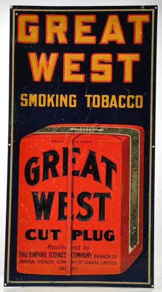 Appraisal: Great West Tobacco Tin Sign Description Nice bright embossed package