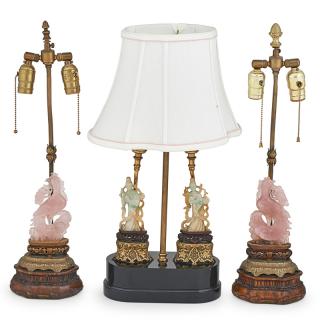 Appraisal: CHINESE CARVED HARDSTONE LAMPS Three Pair of rose quartz in