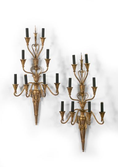 Appraisal: Pair of Italian Gilded Wrought-Iron Tiered Eight-Light Appliques in the