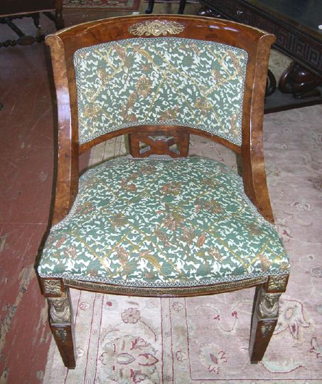 Appraisal: Empire-Style Brass-Mounted Burlwood Sidechair the curved back with padded insert