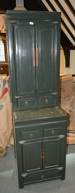 Appraisal: A Chinese painted green cupboardin two halves with doors and