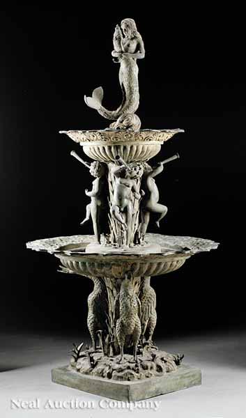 Appraisal: A Bronze Two Tier Figural Fountain the upper lobed bowl