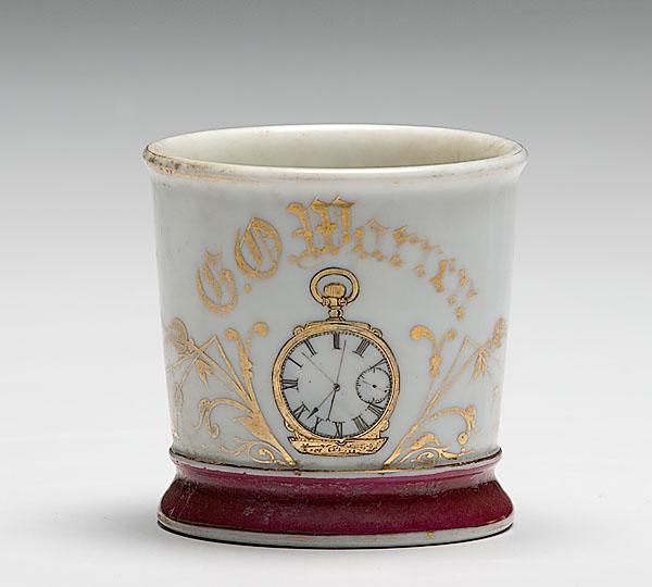 Appraisal: WATCHMAKER OCCUPATIONAL SHAVING MUG porcelain with gilt and black painted