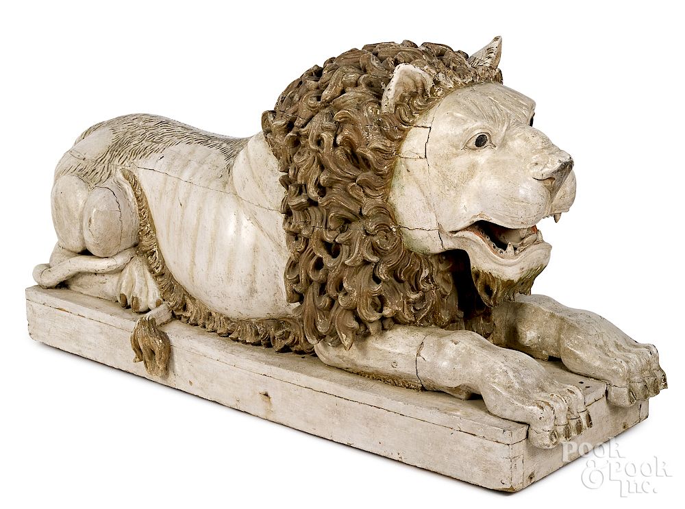 Appraisal: Large carved and painted recumbent lion Exclusive on Bidsquare Massive