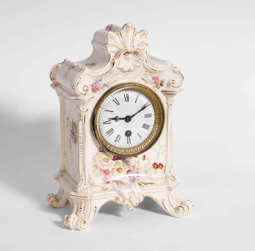 Appraisal: PORCELAIN MANTLE CLOCK Porcelain case with hand painted floral and