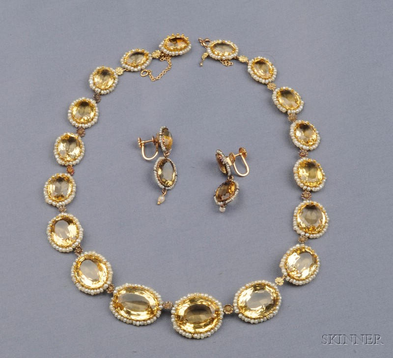 Appraisal: Antique Citrine and Seed Pearl Demiparure composed of graduating oval-cut