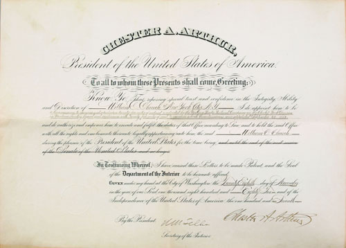 Appraisal: Chester A Arthur signed document dated appointing William Church as