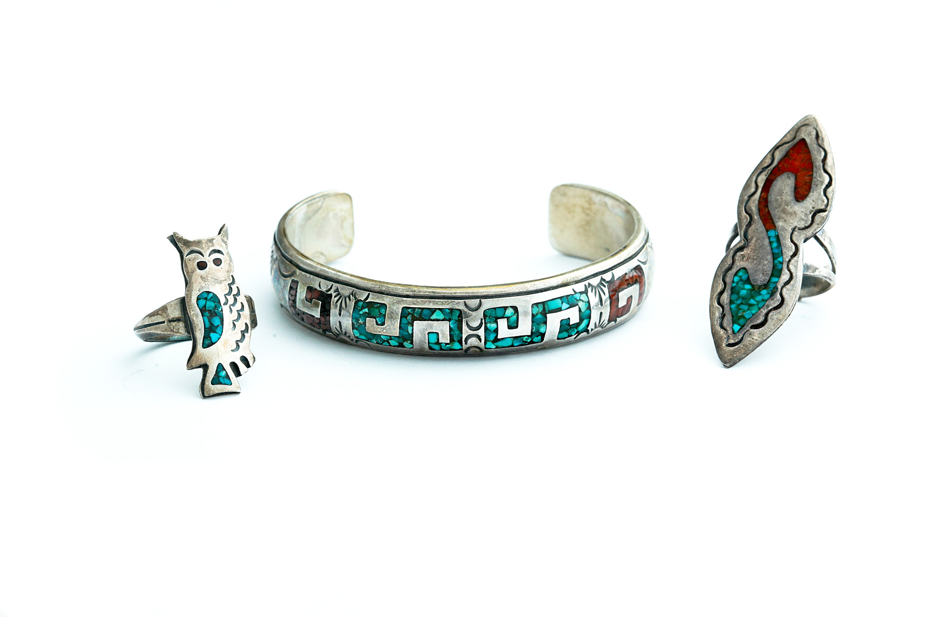 Appraisal: TWO NATIVE AMERICAN INLAID RINGS AND BRACELET Third quarter- th