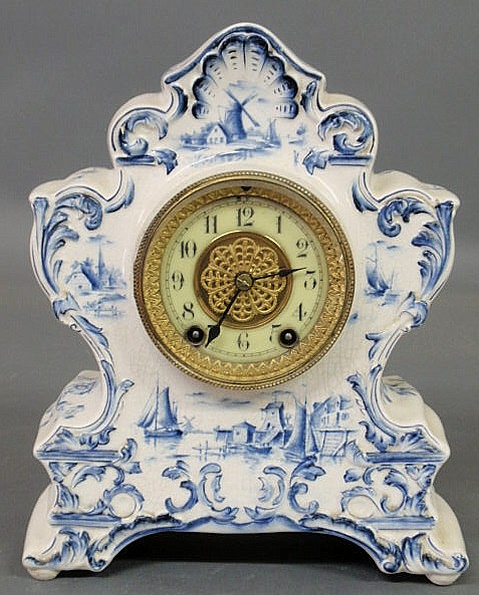 Appraisal: Waterbury Clock Co blue and white Delft style porcelain mantel