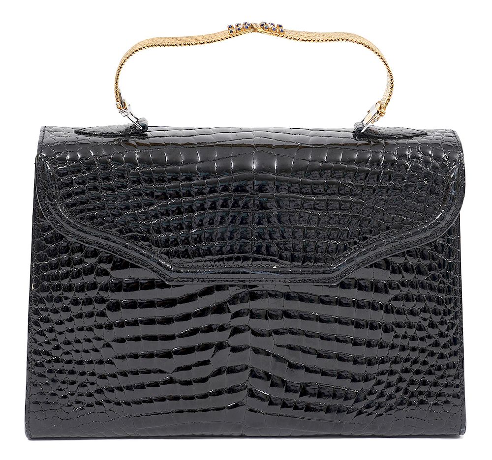 Appraisal: Crocodile Bag k Gold Sapphire Bracelet Strap Vintage Black Crocodile