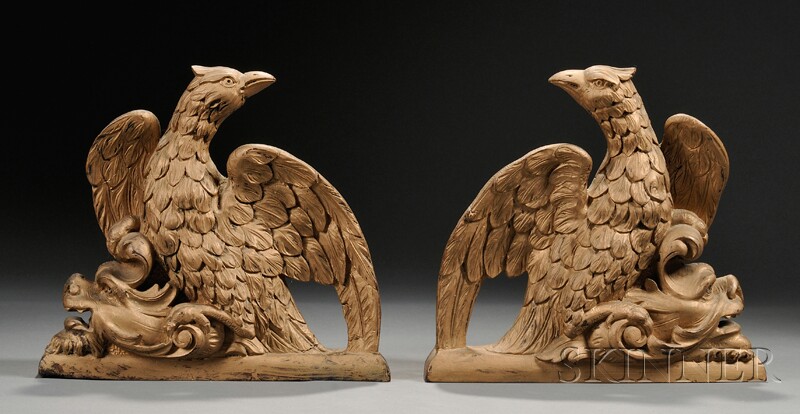 Appraisal: Pair of Carved Wood Eagle Architectural Ornaments th century carved