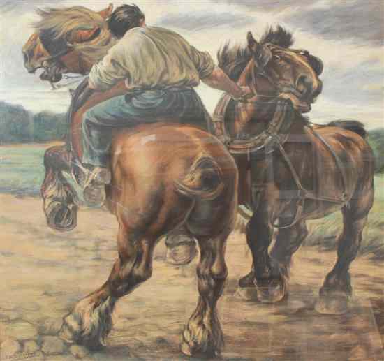 Appraisal: Constant de Busschere - pastel Rider and dray horses signed