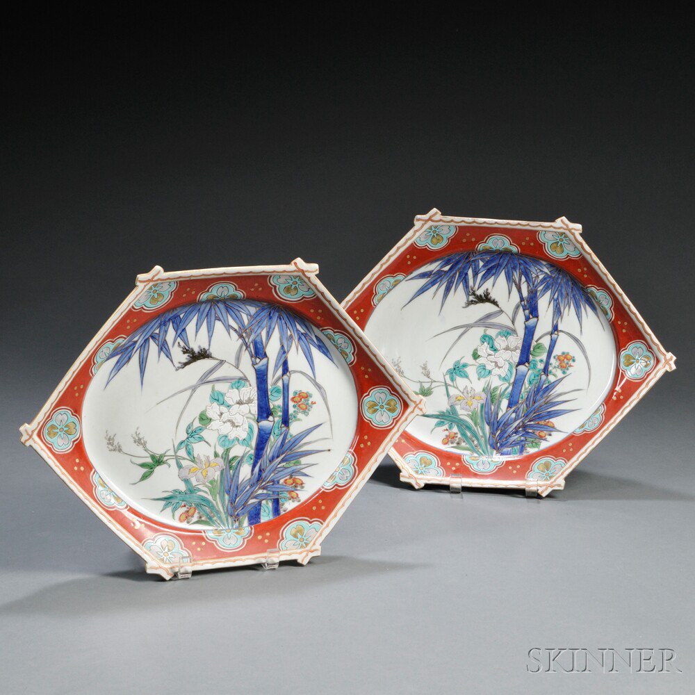 Appraisal: Pair of Imari Plates Japan th century hexagonal with molded