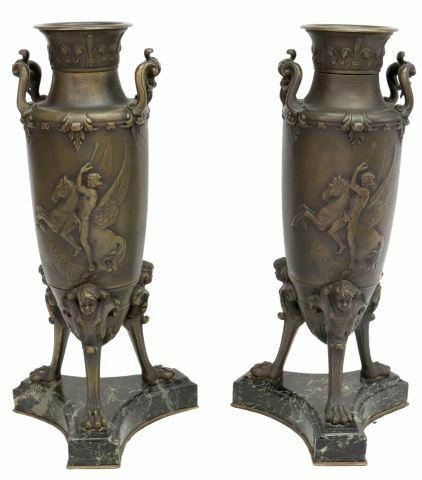 Appraisal: pair Neoclassical patinated bronze garniture vases signed in cast after