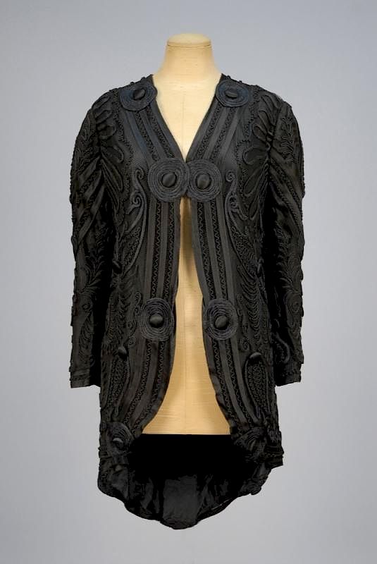 Appraisal: LADYS EDWARDIAN LACE JACKET Collarless black silk taffeta cutaway style