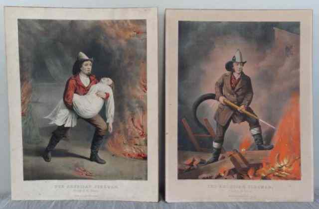 Appraisal: Two Currier Ives ''The American Fire Man'' HandColored Lithographs ''Prompt