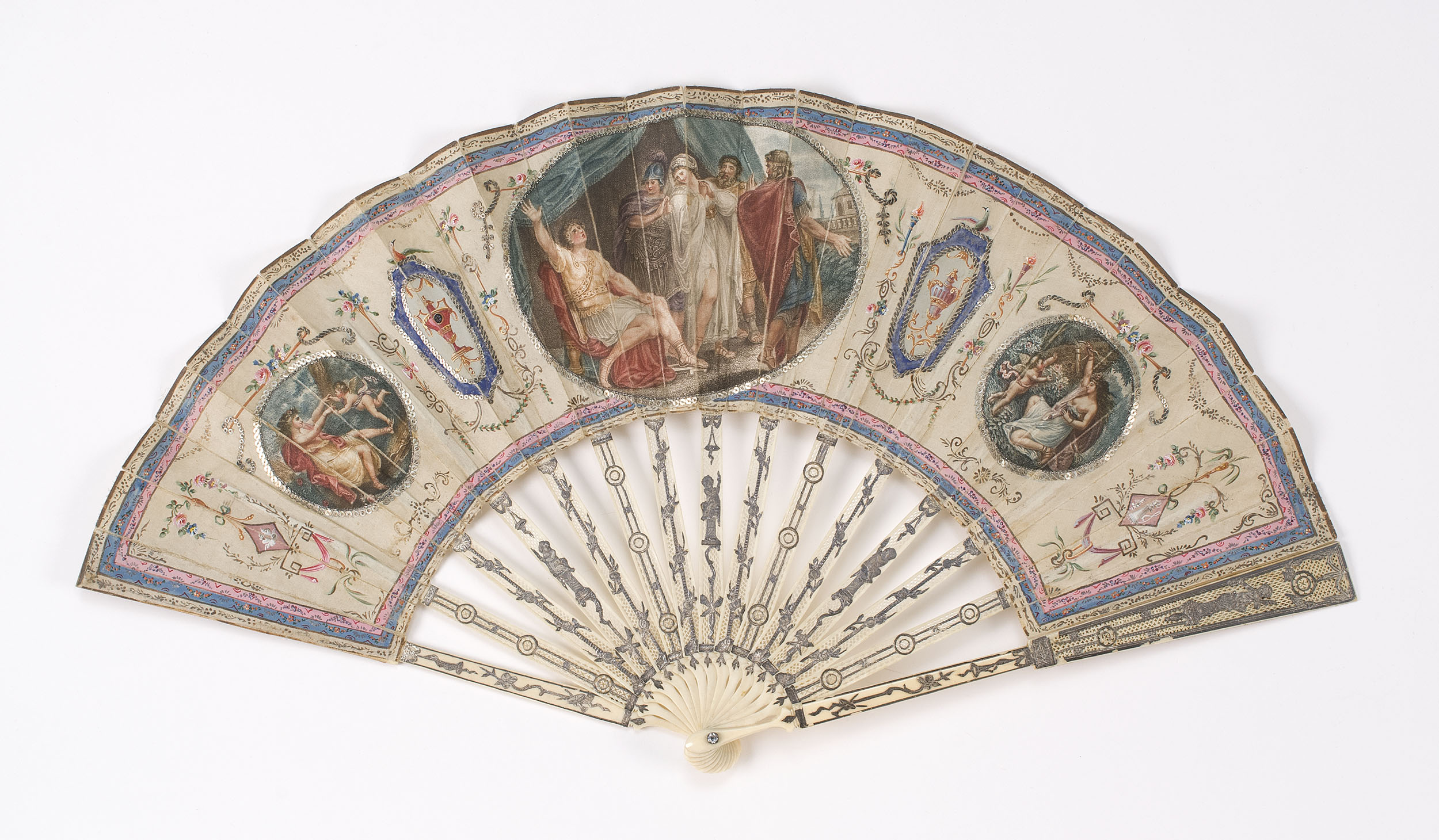 Appraisal: SILK AND IVORY FOLDING FAN French th CenturyPainted silk leaf