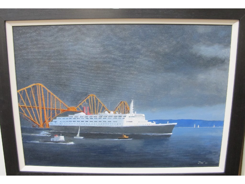 Appraisal: JOHN WIGGINS Oil on canvas 'QEII's Last Voyage' signed with