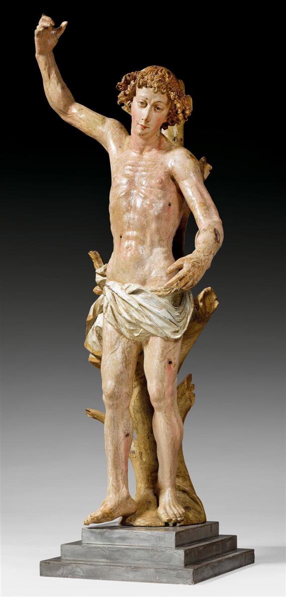 Appraisal: SAINT SEBASTIAN South German th century Wood carved full round