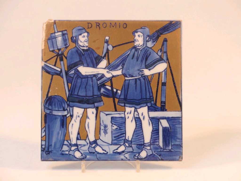 Appraisal: A Copeland gilt and blue and white tile depicting Dromio