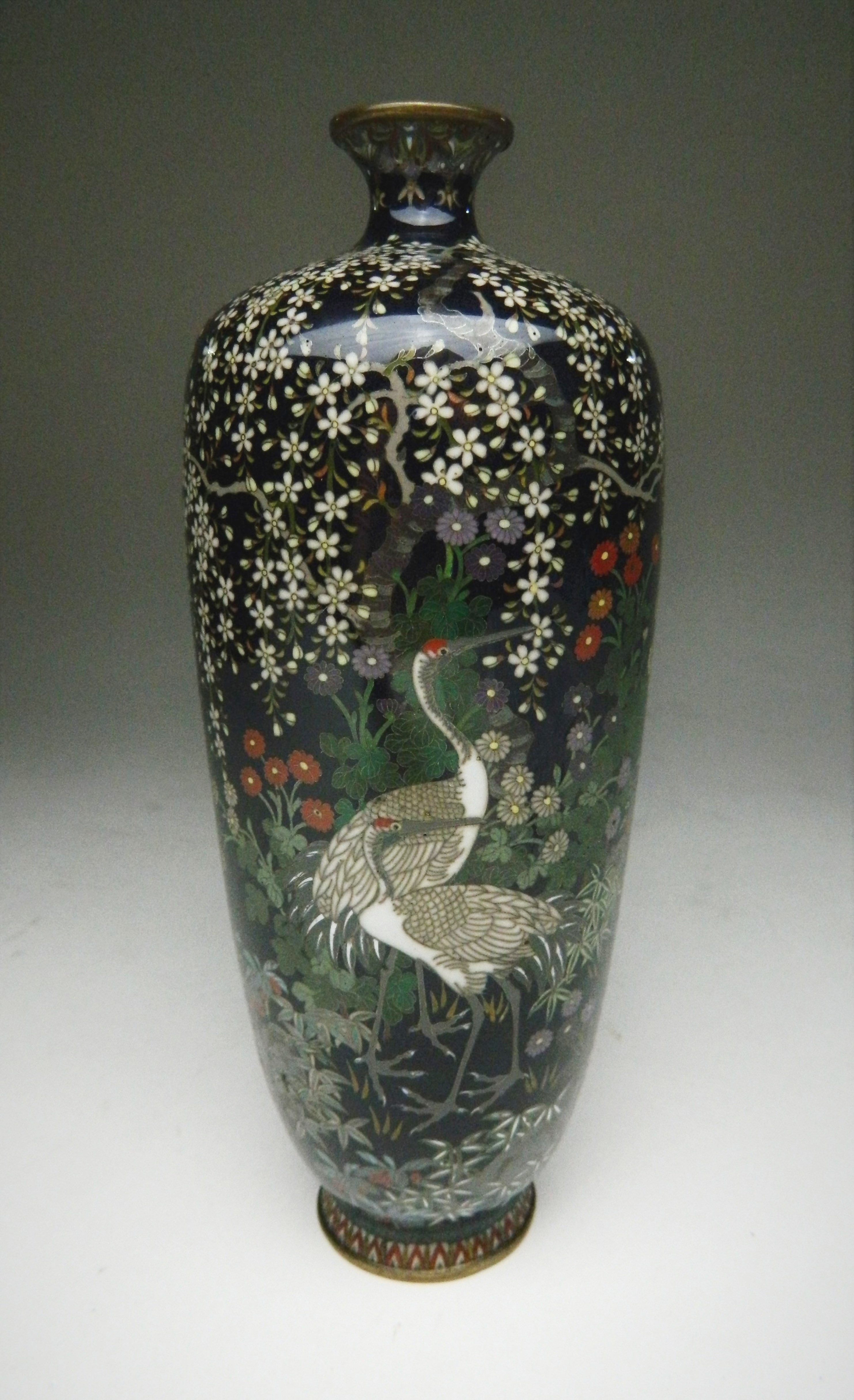 Appraisal: Japanese cloisonne vase- prunus bird and flower motif on cobalt